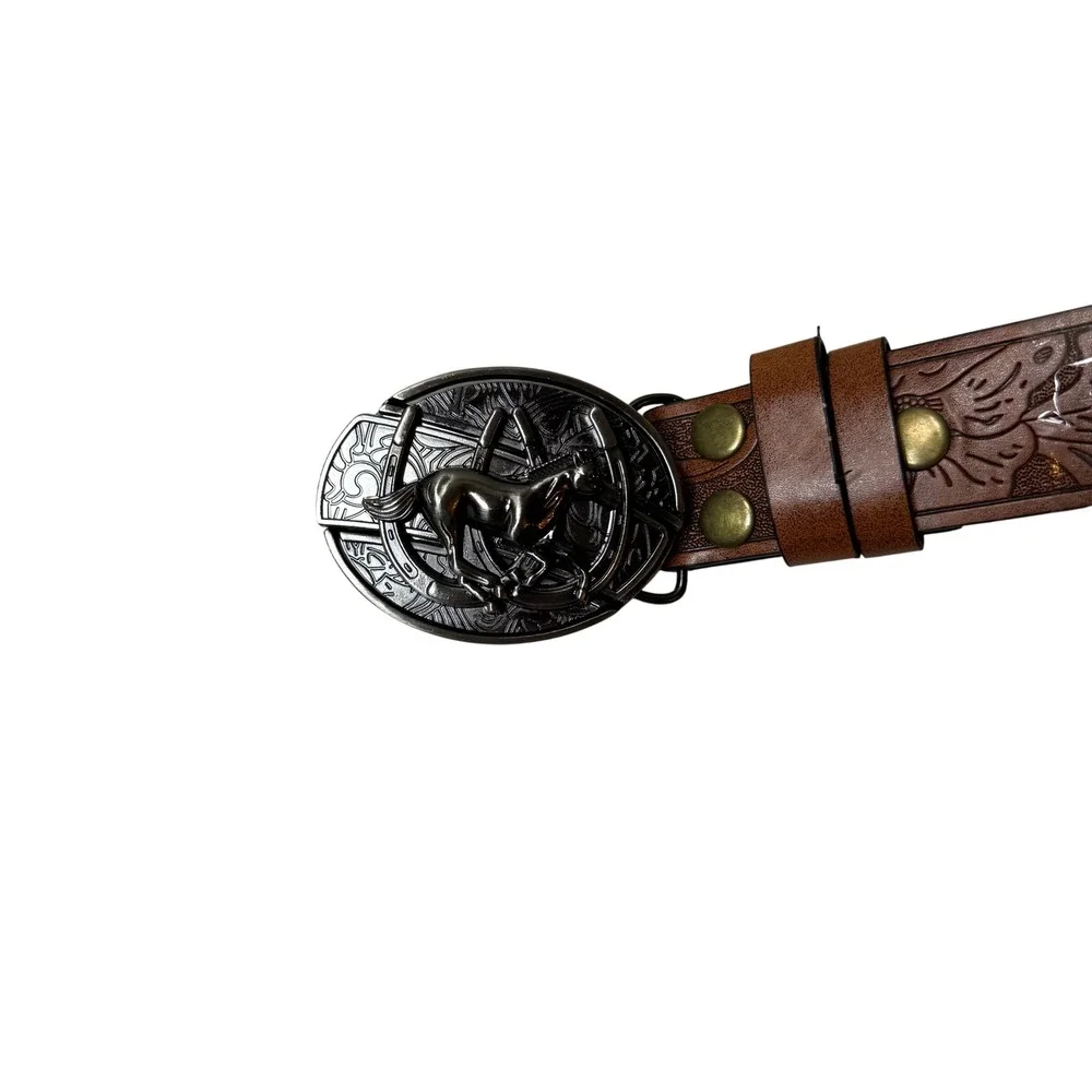 New Brown Faux Leather Western Horse Buckle Floral Embossed Belt 46 Inch